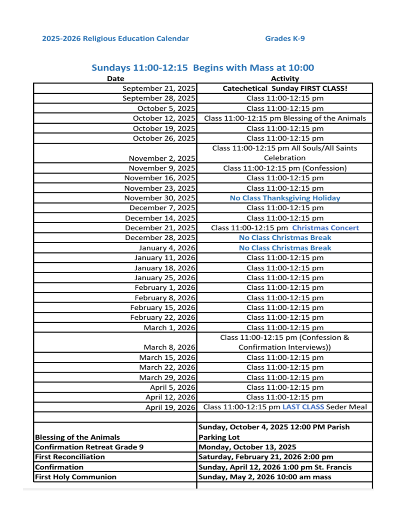 2025-26 Religious Education Calendar